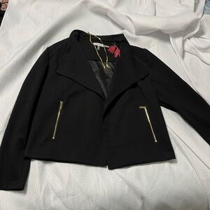 Black open front Blazer with gold zipper accents